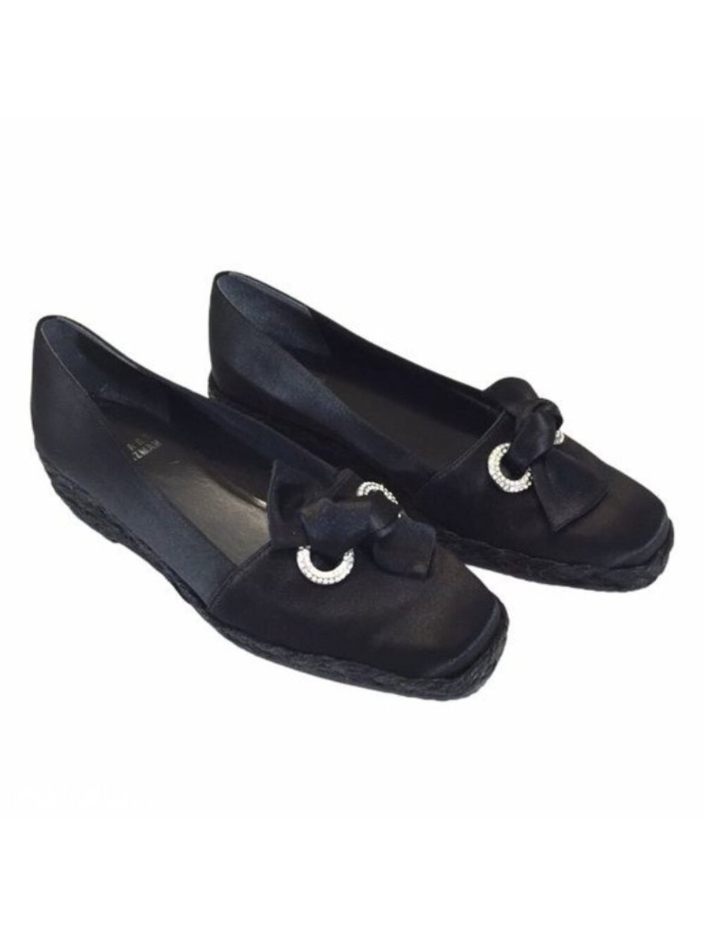 Stuart Weitzman Womens Wedge Espadrille Loafers Black Satin Bow Jewels size 5.5 - Picture 1 of 11